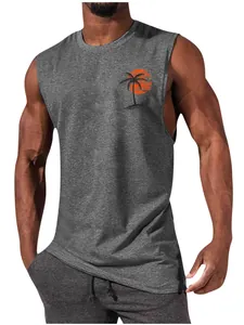 High-quality gray athletic men's muscle tank top featuring a palm tree and sunset chest print