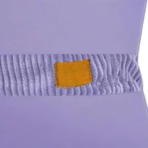 Close-up of purple corduroy shorts showing the classic brown leather patch detail.