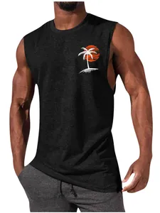 Men's athletic sleeveless tank top featuring a sunset palm tree print on dark grey fabric