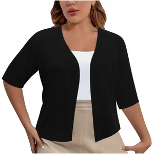 Elegant black short sleeve knit cardigan shrug for plus size women on white background