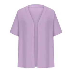 Front view detail of a lavender short sleeve open cardigan for elegant plus size women