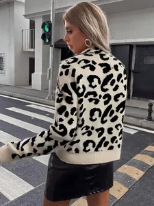 Chic women's leopard print knit sweater pullover styled in an urban street setting.