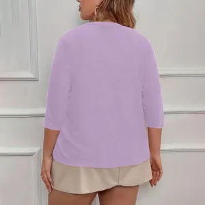 Back view detail of elegant lilac plus size cardigan for women with three-quarter sleeves