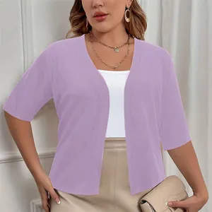 Detailed view of women's plus-size lilac open front knit cardigan with short sleeves