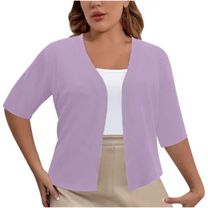 Detailed view of an elegant lavender plus size short sleeve knit cardigan for women