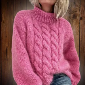 Cozy pink oversized high-neck cable knit sweater for women, comfortable autumn knitwear