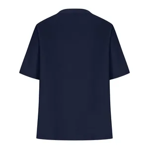 Professional back view of an elegant navy blue short sleeve knit cardigan for women