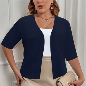 Elegant plus size navy blue short sleeve open front cardigan with soft ribbed knit