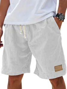 Short décontracté pour homme en imitation lin avec cordon et patch cuir.