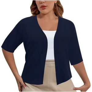 Elegant navy blue plus size short sleeve knit cardigan shrug for women's daily wear