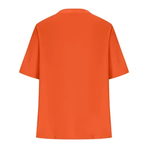 Back view of a vibrant orange short-sleeved knit top for women plus size fashion