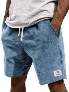 Men's Casual Corduroy Shorts Elastic Waist Drawstring Pockets Straight Leg Shorts Korean Fashion Solid Color Bottoms For Men