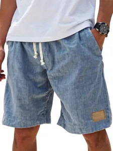 Short Décontracté à Cordon pour Hommes en Polyester Mince Texture Imitation Lin Bottom Pantalons de Plage Sport d'Été