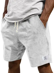 Men's white corduroy casual shorts with drawstring waist and pocket details