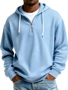 Men Fall Winter 1/4 Zip Ribbed Hoodie Loose Casual Long Sleeve Sweatshirt With Drawstring Solid Color Hooded Top Men Sportswear