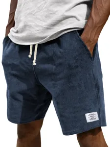 Men's blue corduroy casual shorts with drawstring waist and white label detail