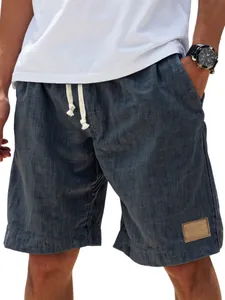 Short décontracté pour homme en aspect lin avec cordon de serrage et patch cuir