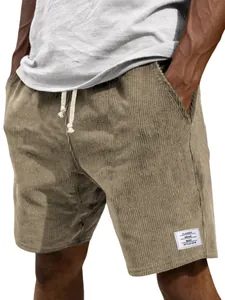 Casual men's corduroy shorts with drawstring waist and pockets in khaki color