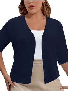 Plus size navy blue short sleeve knit cardigan shawl for women