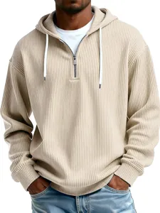 Men's casual quarter-zip ribbed hoodie in beige color, loose fit long sleeve sweatshirt