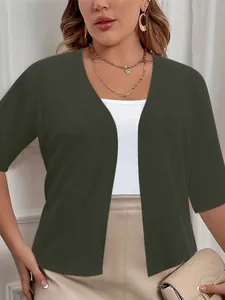 Elegant plus size solid dark green short sleeve open front knit cardigan for women