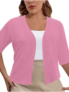 Elegant women plus size solid pink short sleeve open front knit cardigan shawl top