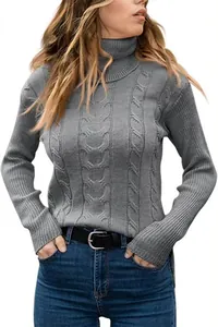 Detailed view of a grey cable knit turtleneck sweater for women in retro style