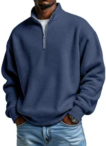 Men's navy blue waffle knit quarter-zip sweatshirt with loose fit for casual sports wear