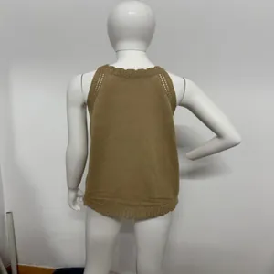 Back view of casual khaki sleeveless hollow out knit top for women on a white mannequin