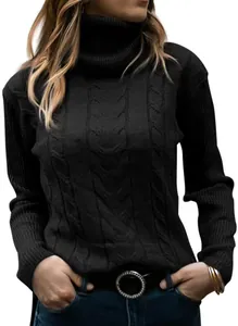 Close-up detail of women's black turtleneck cable knit sweater with ribbed texture