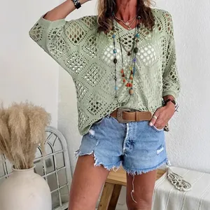 Πλεκτό πουλόβερ Boho με λαιμό V, διαμαντένια διάτρητη πλέξη και μανίκια νυχτερίδα γυναικείο