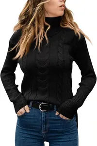 Detail view of black cable knit turtleneck sweater with ribbed cuffs and slim fit.