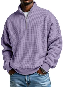 Close-up view of men's lavender waffle knit sweatshirt with quarter-zip detail