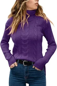 Detailed view of women's purple turtleneck cable-knit sweater with vintage textures