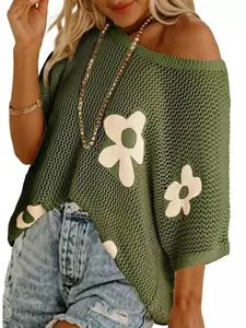 Lässiges, olivgrünes, lockeres Häkeloberteil mit Blumen-Jacquard-Muster für Damen