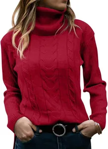 Close-up detail of a red cable-knit turtleneck sweater showing intricate weave texture