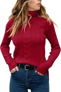 Close-up detail of this red cable-knit turtleneck sweater showing its soft texture and fit
