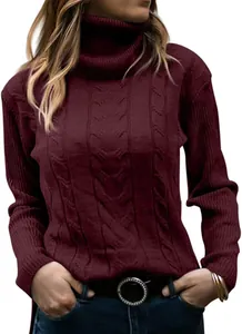 Macro view of vintage wine red turtleneck cable knit sweater showing soft texture.