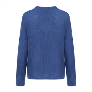 Back view of a classic blue ribbed knit pullover sweater for women with round neck