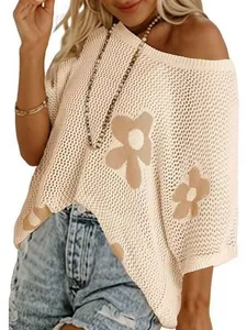 Modisches Boho-Strickoberteil mit Blumen-Jacquard und lockerem Off-Shoulder-Design