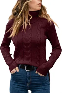 Vintage burgundy cable-knit turtleneck sweater for women in soft autumn-winter style