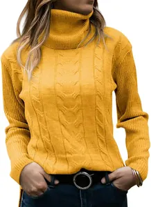 Detail view of mustard yellow turtleneck cable-knit sweater for women in autumn
