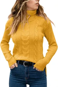 Detail view of stylish mustard yellow cable knit turtleneck sweater for women's autumn winter