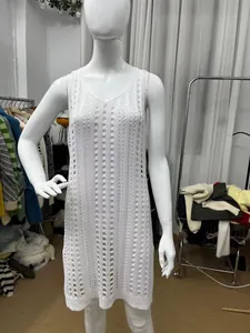 Detailed view showing the intricate hollow-out knit pattern on this white sleeveless dress