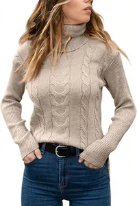 Close-up of women's beige cable knit turtleneck sweater with retro ribbed sleeves