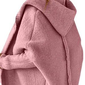 Cozy pink batwing sleeve hooded knit cardigan for women's autumn winter fashion