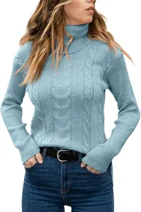 Detailed view of women's light blue turtleneck cable-knit sweater with vintage texture
