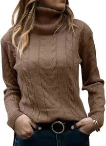 Detailed look at the vintage cable-knit texture of this brown turtleneck sweater for women