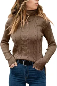 Detailed close-up of a stylish brown cable-knit turtleneck sweater for women on model