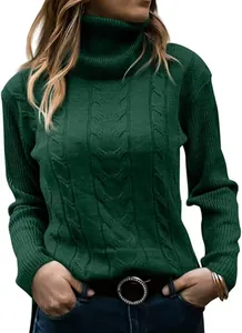 Detailed view of women's dark green retro turtleneck knit sweater with cable knit pattern